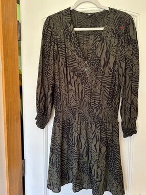 Rails Olive Green and Black Animal-Print Long Sleeve Dress